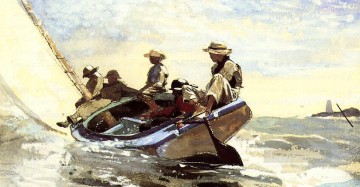  boat Painting - Sailing the Catboat Realism marine painter Winslow Homer